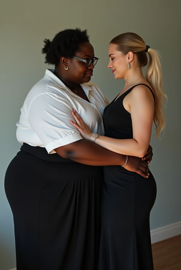 Create a photo of a 20 year old woman, obese, with black and dark skin, wearing a white shirt and black skirt and glasses, who is carrying a single young woman of 25 years of age in his arms, that has light white skin, long blonde hair tied in a bun, slim body, who is wearing a black evening dress, earrings and bracelet 