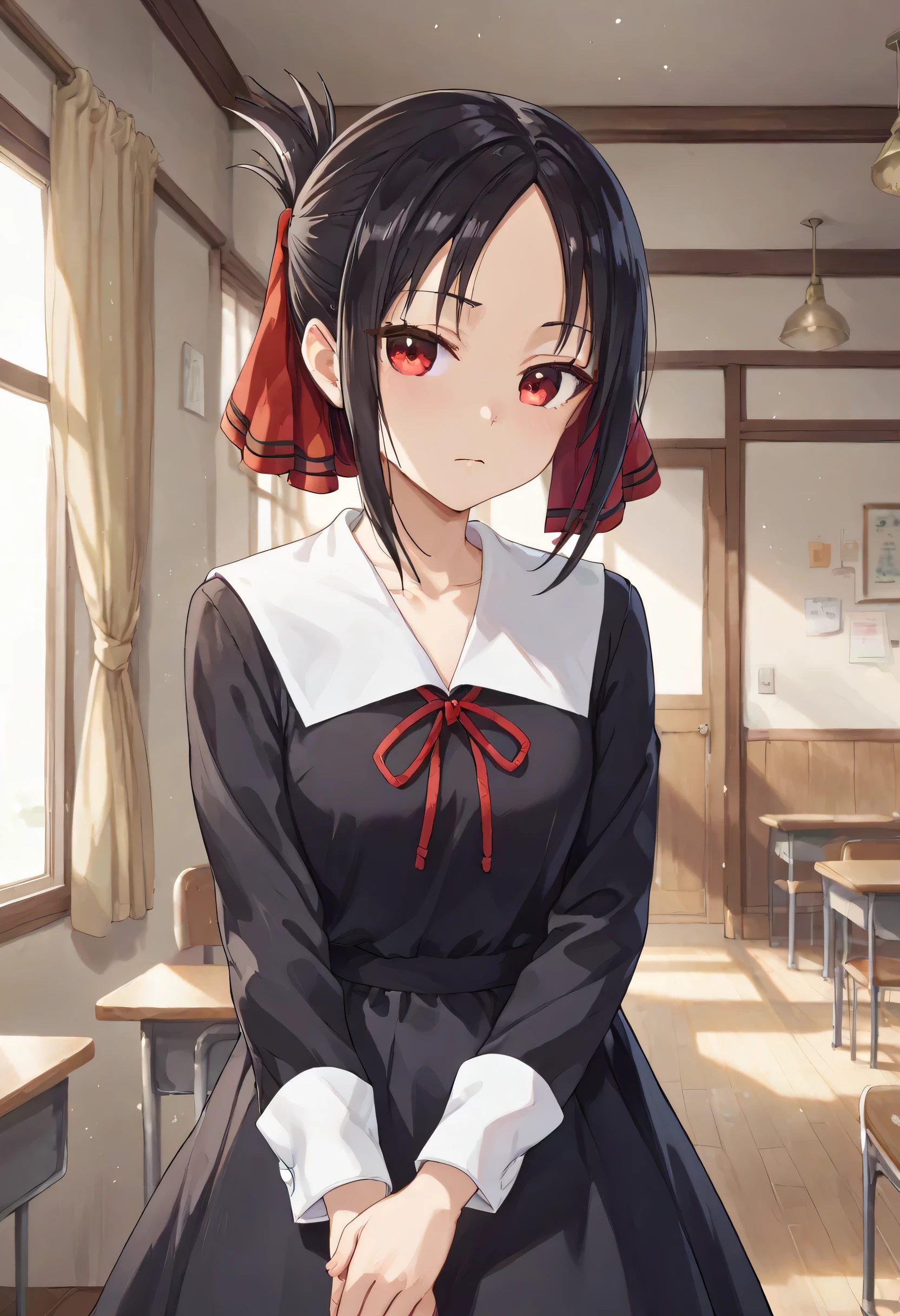 kaguya, bangs, black hair, red eyes, sidelocks, shinomiya kaguya,folded ponytail,parted bangs hair ribbon, ribbon, red ribbon, dress, black dress, school uniform, shuuchiin academy school uniform
