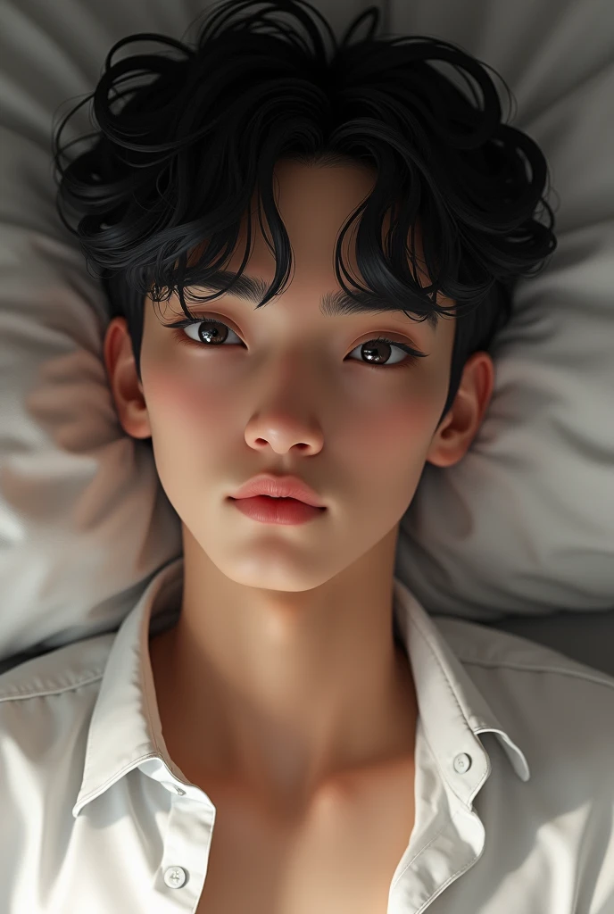 American boy white skin black hair black eyes lying in bed white shirt baby face boyfriend material, human, small face, handsome