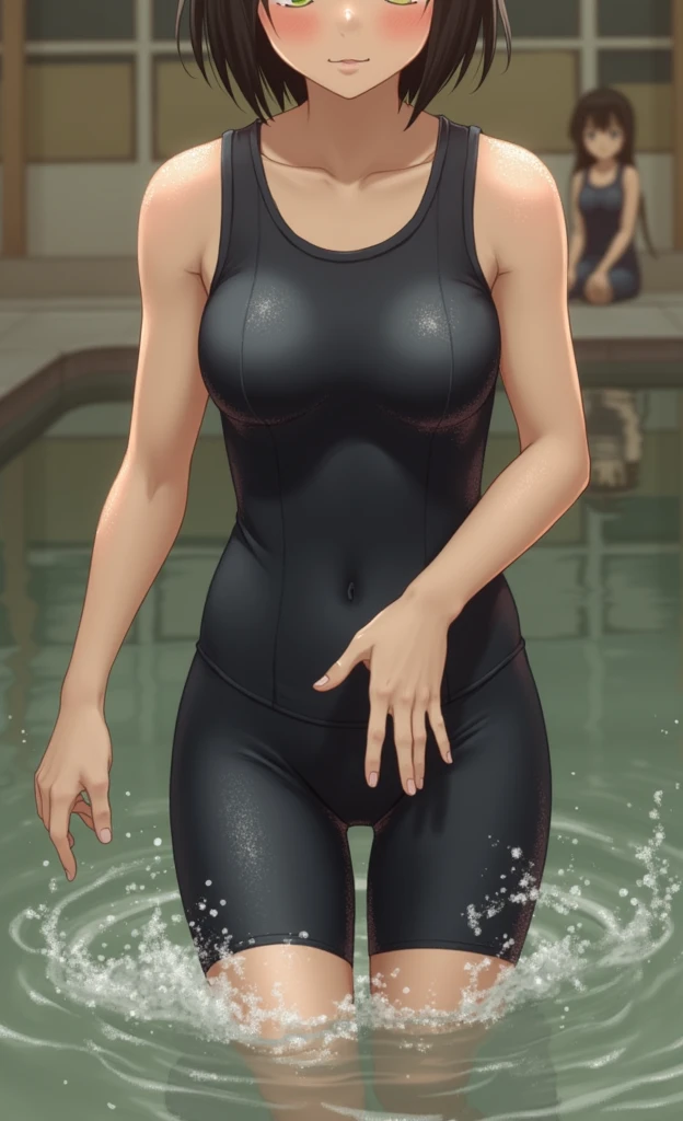,Black Hair,Navy blue school swimsuit and leggings,Sweat,Small breasts,Low length,Pool