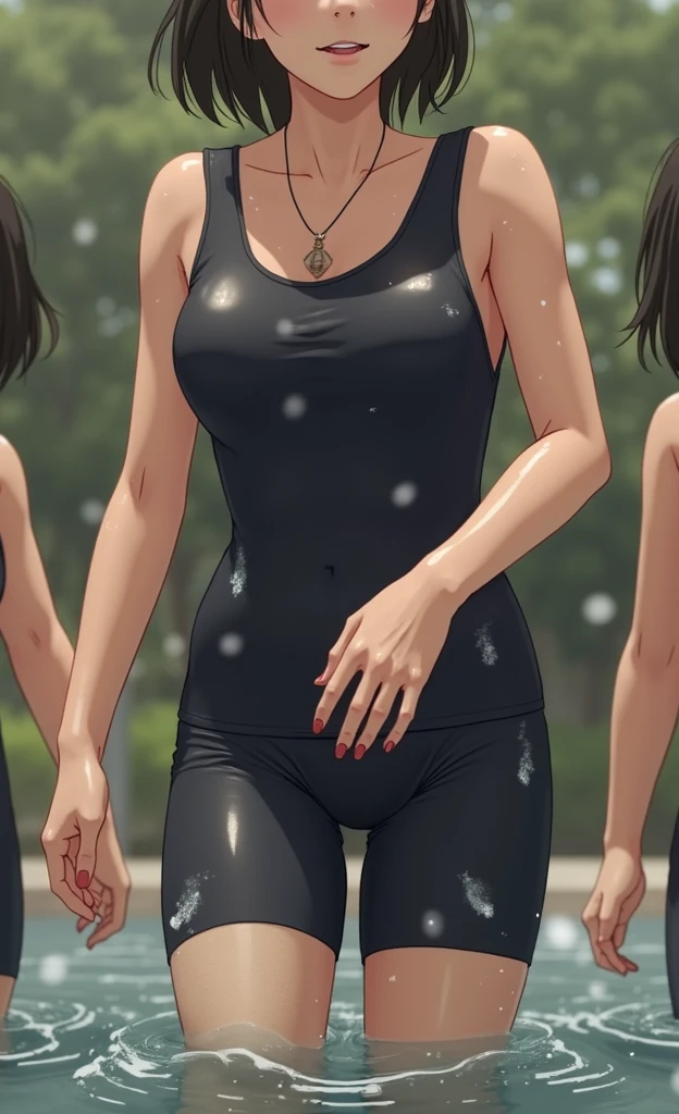 Middle school students,Black Hair,Navy blue school swimsuit and leggings,Sweat,Small breasts,Low length,Pool