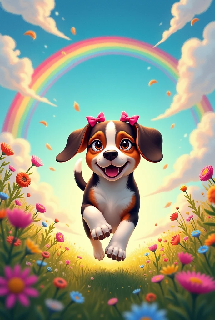 Tricolor black brown and white beagle, female with two pink bows on her ears, He is running happily in a meadow with flowers, the sky with the sun very colorful and with rainbows
