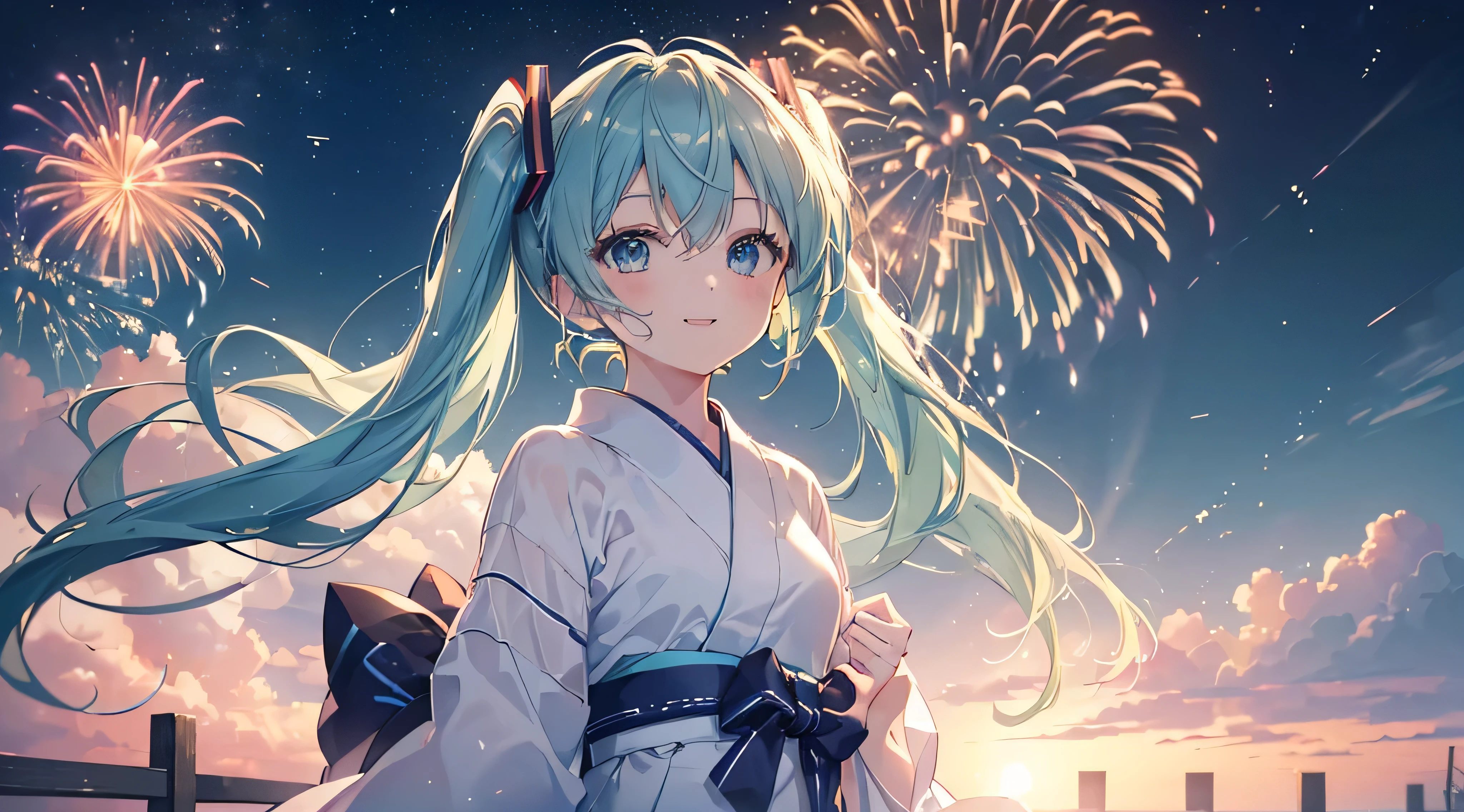 (((Highest quality、masterpiece、Ultra-fine、Ultra-fine、UP,Green Hair,Exquisite、16K、Look up,The best smile,Full HD、,Hatsune Miku,))),( ((summer,White casual clothes,)))Blue Eyes、Long eyelashes、White skin、(Pale pink lips、Pale pink cheeks、thin and long)、 (((Cute clothes,The best smile)), ((One person)) 、(blue sky)) 、 (Walking in a yukata at dusk, the moment when fireworks bloom in the night sky)、
