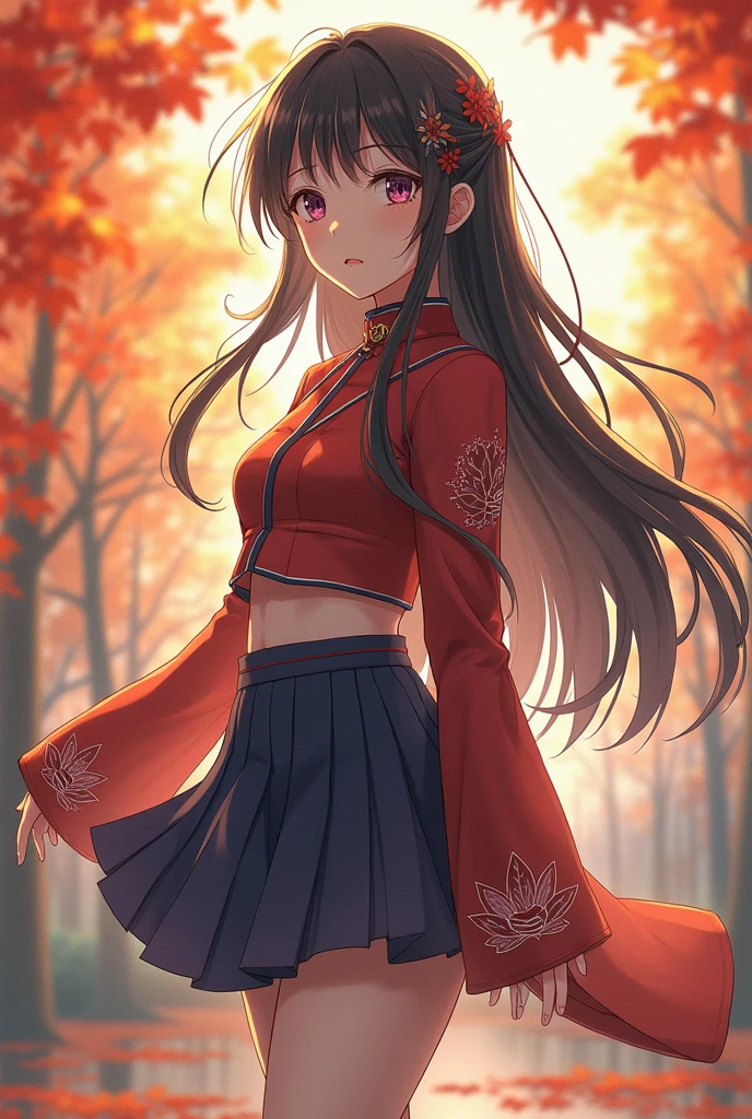 Highest quality, masterpiece,Very detailed,anime,One person,Mix 4,(Song Han-fu),Pleated skirt,short shian,Perfect Face, Long Hair,,autumn