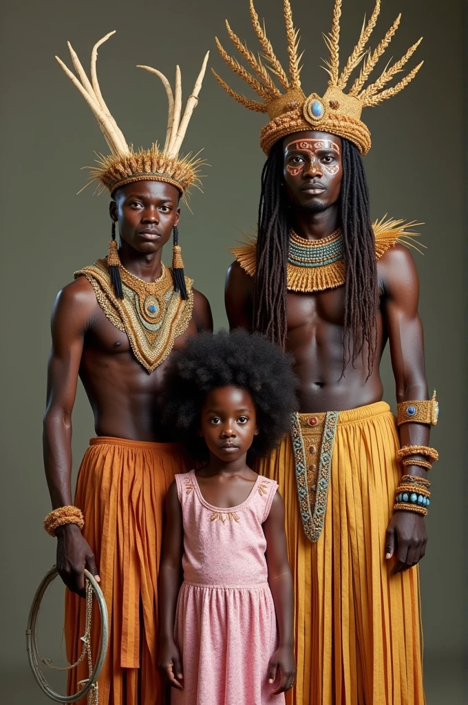 Oxum and Yemanjá in traditional costumes, with Oxum associated with gold and Yemanjá with blue or white, both with typical attributes. obaluaê, represented as the king of straws, with a costume made of straw or a stick. Oxossi with his hunter&#39;s outfit and bow and arrow.
A black girl of about , with afro hair, Wearing a pink dressing gown, positioned next to the orixás.