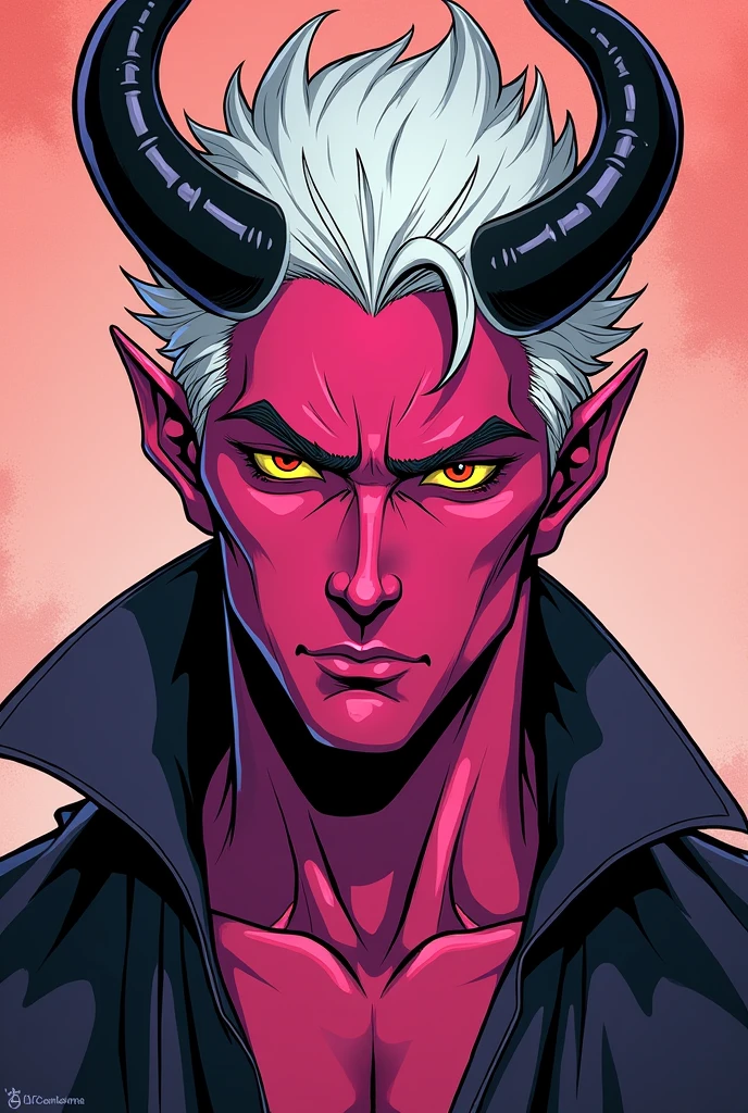 Create a comic style image of a male character who has fuchsia skin, Her hair is dull white, It has yellow sclera with red irises., two black horns and is physically attractive as a man