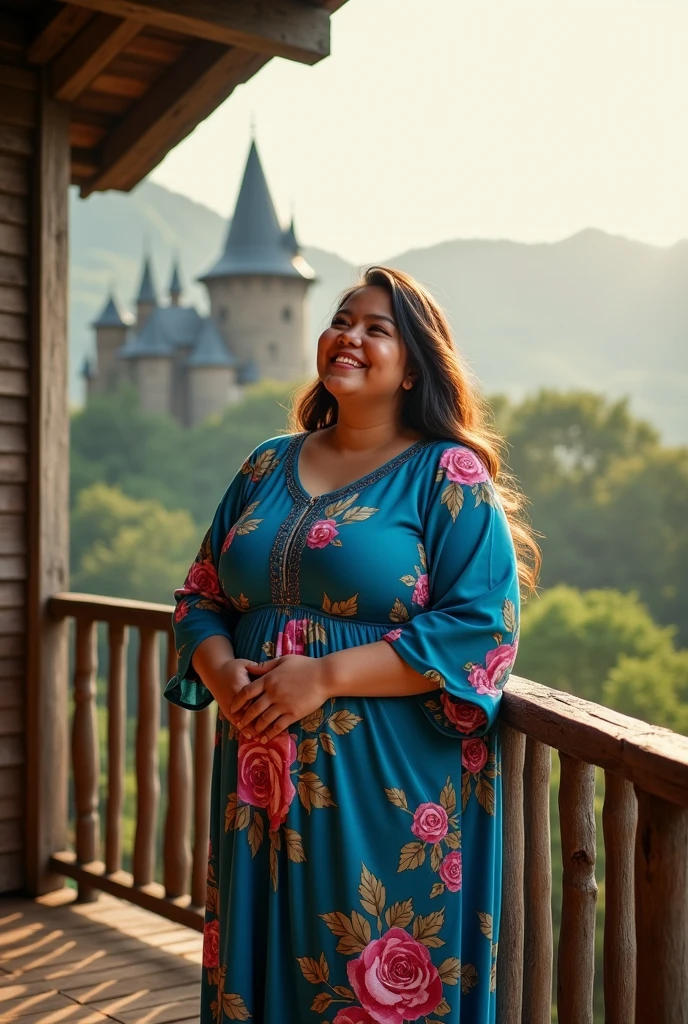 (photorealism:1.2), a beautiful Filipino woman who is slightly overweight. She was wearing a bikini ((she was standing on the roof balcony of a wooden house)) She was wearing a blue and pink floral abaya dress. she has a beautiful smile full of enthusiasm. (closed eyes moaning) ((wide hips, thick thighs)) The bright, shining lighting in the image reflects atmospheric light rays. isolation and confinement., csuperior quality, lots of detail, Sharp and realistic Castle focus