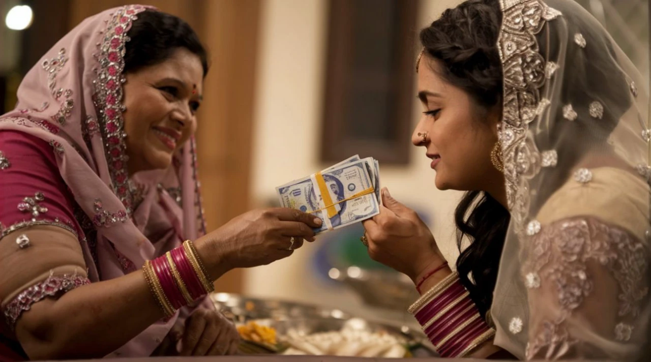 **Prompt:** A heartwarming scene where a mother bids farewell to her daughter who is getting married. The daughter, despite being married into a wealthy family, comes from a humble background. During the farewell, the mother, with tearful eyes and a loving smile, hands her daughter a small amount of money, around 100/200 rupees. The mother says, "Beti, use this to buy something for yourself." The daughter clutches the money tightly, knowing that it holds more value than anything else because it carries her mother's immense love, care, and blessings. The setting is emotional, capturing the essence of a mother's love wrapped in a simple, yet profoundly meaningful gesture.