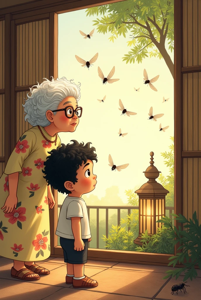 ( clip art illustration)Near the open bamboo window a curly black haired boy curiously look at the winged termites, flying around the gas lamp while some have lost their wings and are crawling..a white haired grandmother in a floral dress with eyeglasses on the side watched her grandson affectionately.