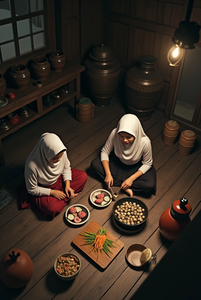 a malay hijab beauty girl wear a shabby shirt and a batik sarong, sitting down on a wooden floor in a wooden kitchen, cutting a vegetable and a meat with her friend, old kettle on stove, a meal in a wok clay stove, old urn, aerial top angle, at night