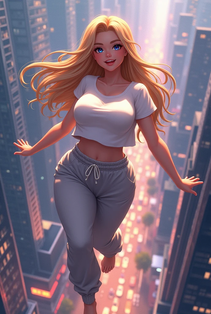 Attractive weightless hot anime girl with large breasts and blonde hair wearing sweatpants and a t-shirt while flying over a city and flirting