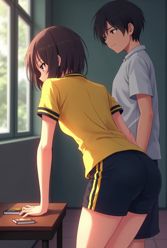 Generates an image of a girl with short hair and a yellow shirt with black stripes on the short sleeves of the uniform with black physical education shorts and bends down and looks very sexy from behind seen from behind with her black shorts made of synthetic material with yellow stripes on the sides, big ass seen from behind picking up a book looking down with her head forward and a boy looks at her sexily from behind watching her picking up her books and the boy grabs her ass and the girl looks at him blushing