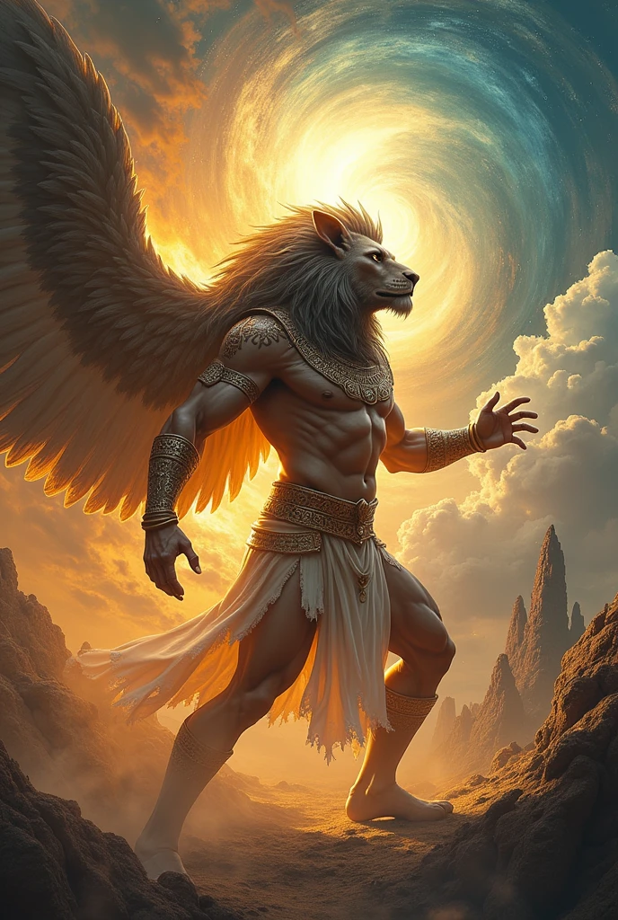 Create a close-up image of Shu in Egyptian mythology in the act of separating the sky from the earth, focusing on his dynamic role. Use realistic details, vibrant gradient colors, and a detailed background. Apply best quality, masterpiece, and absurdres settings.