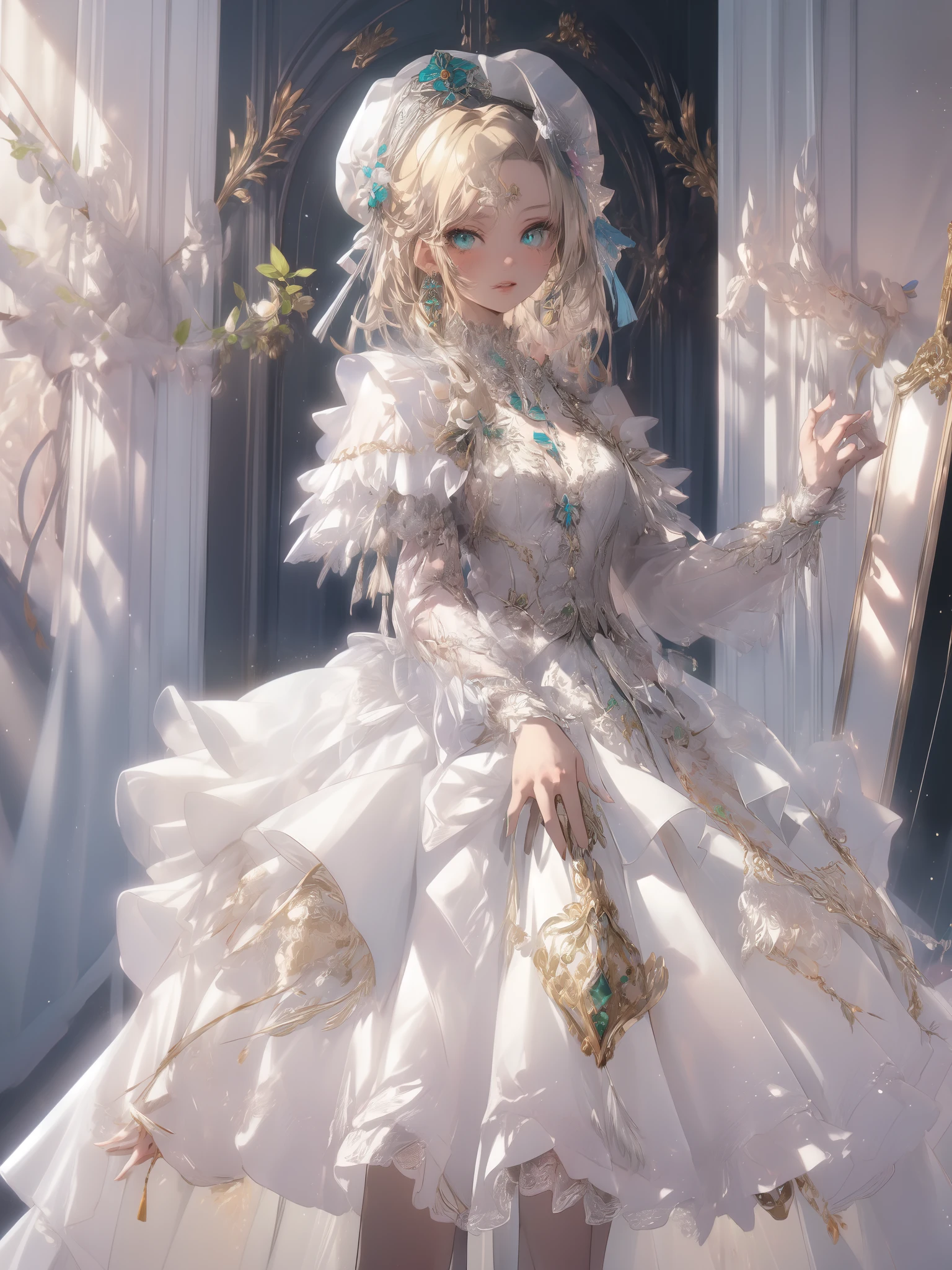 masterpiece, best quality, high quality, 2k, 4k, pmmmorikomagi, 1girl, standing, green eyes, blonde hair, white dress with puffy skirt, long sleeves, decorative shield on skirt, high white hat with two tassels, shawl on shoulders, outdoors, indoors, room, cowboy shot, looking at viewer, colorful,