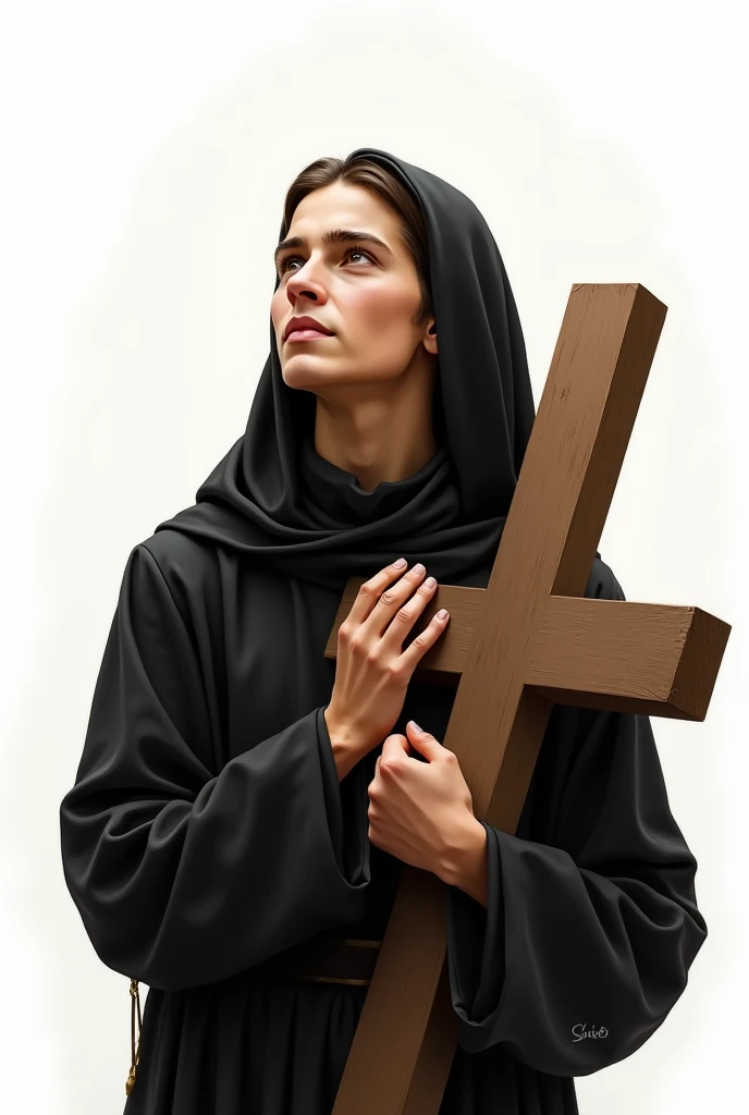 Create an image of Saint Gerard Maria Mayela, that it is square in size and shows the face, The respective tunic is black and he has to embrace a cross looking at the sky, It must also be with a white background
