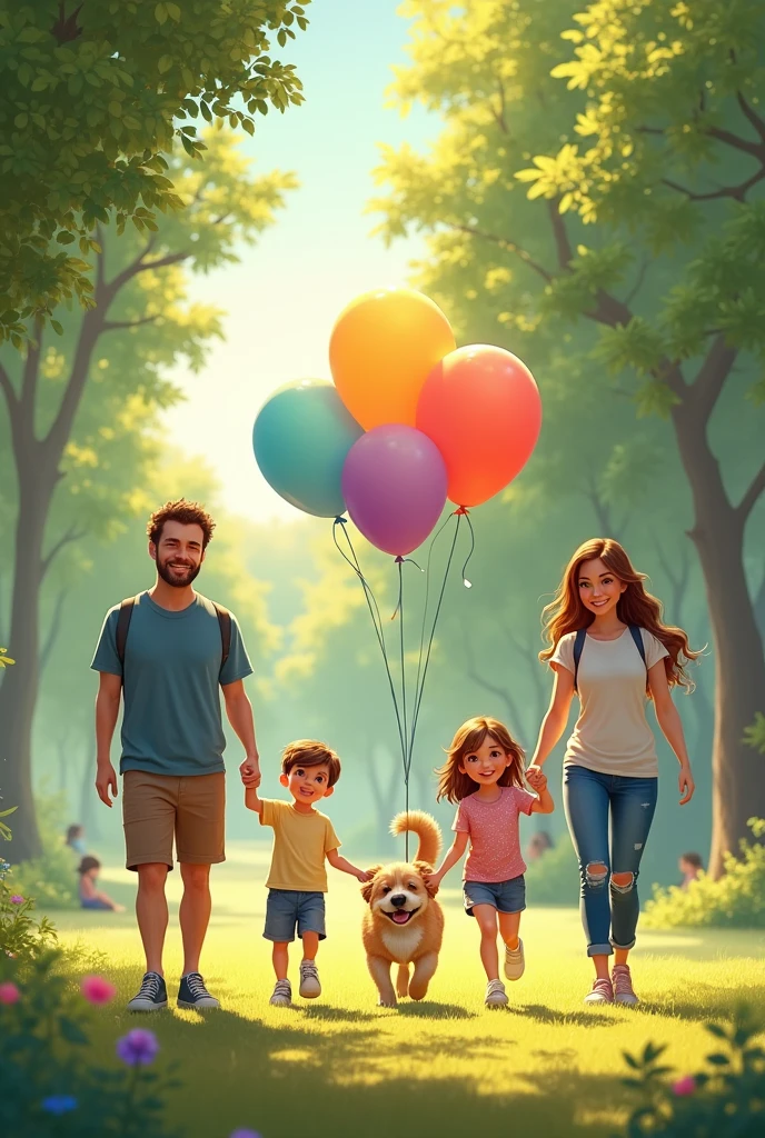 two , a man and a woman holding balloons walking a dog in a park.