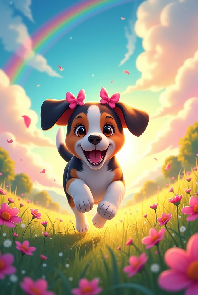 Tricolor black brown and white beagle, female with two pink bows on her ears, He is running happily in a meadow with flowers, the sky with the sun very colorful and with rainbows