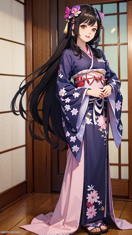SeaArt creates beautiful anime illustrations of beautiful women in kimono、A beautiful woman smiles and shows her upper white teeth、Vividly colored ukiyo-e-style anime illustrations、Brown-black long hair、Beautiful full body style、Beautiful and innovative anime paintings,、 Detailed anime art、Beautiful anime portraits、