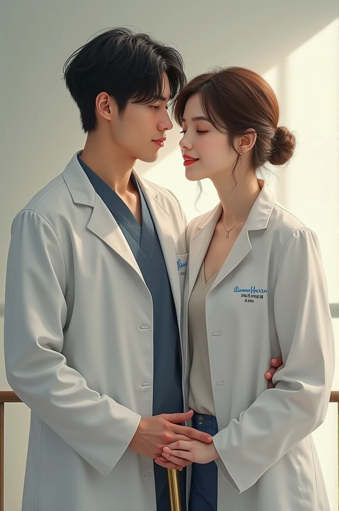 Jeon Jungkook as a doctor using a cane and Kim Taehyung in the background looking lovingly