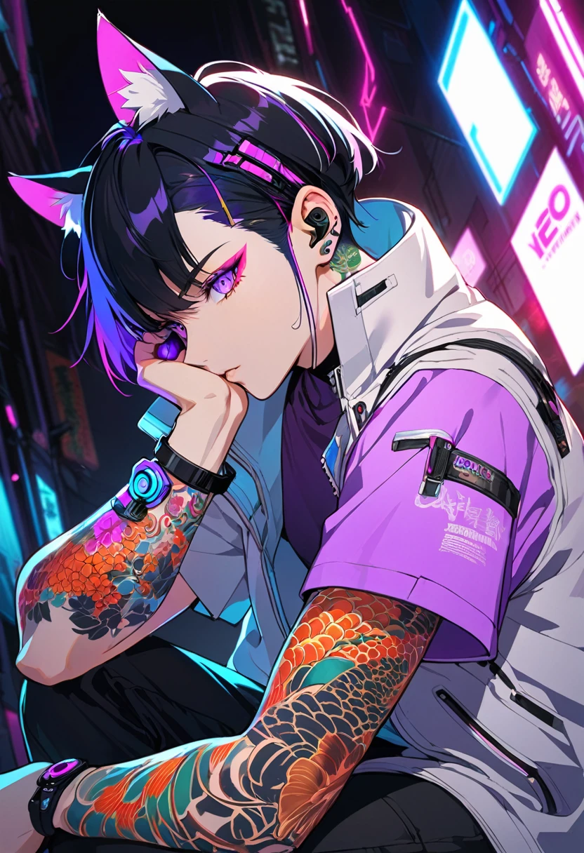 1man, short blackhair, cat ears, purple eyes, wearing white coat, wearing black pants, wearing purple undershirt, tattoos on arms, colorful japenese koi tattoos on left arm, cyberpunk, profile picture perspective, neon, showing face.