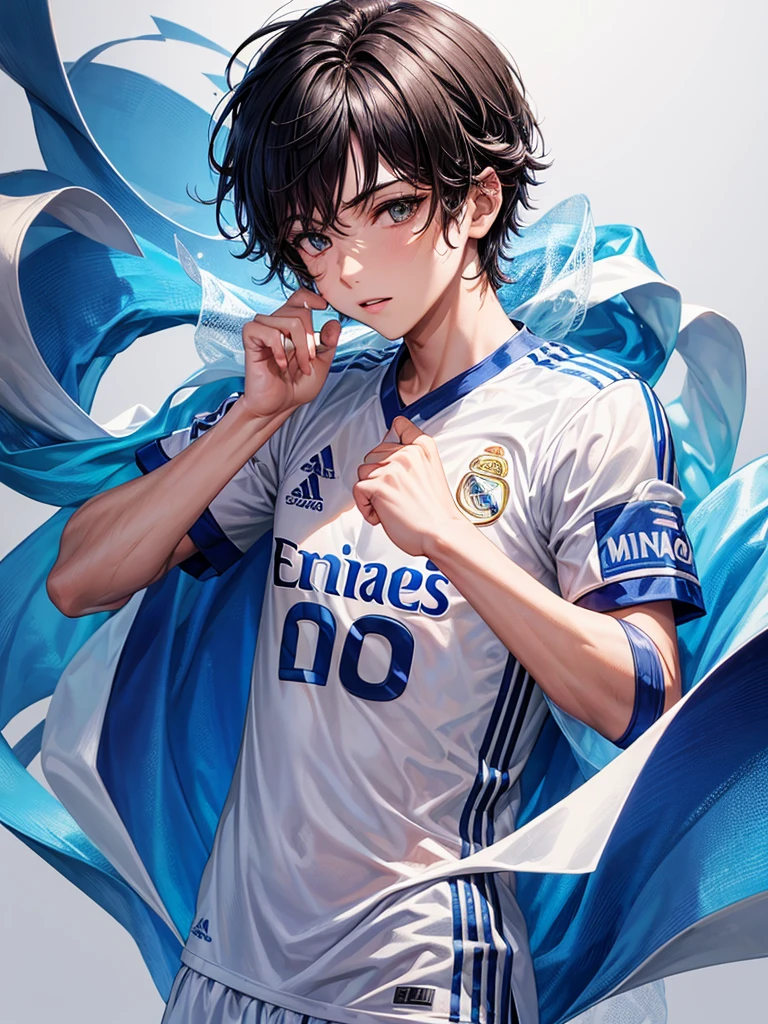 Create a boy named Yoni wearing a Real Madrid shirt with the number 7