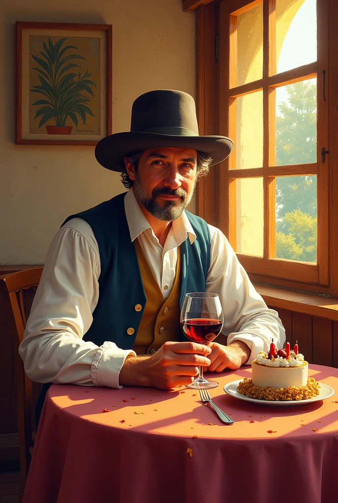 Make a happy birthday card dedicated to Joan, with a design of a Catalan gentleman drinking wine in a restaurant in Villa Seca, Spain, whose face cannot be seen