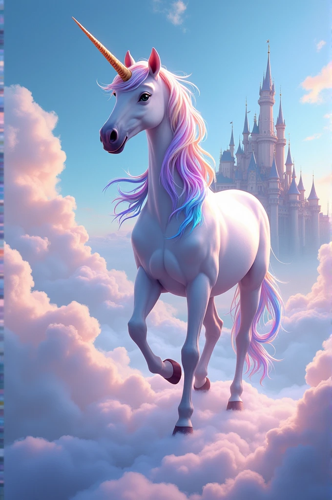 Create an image of a unicorn with colorful hair walking on clouds and a castle in the background