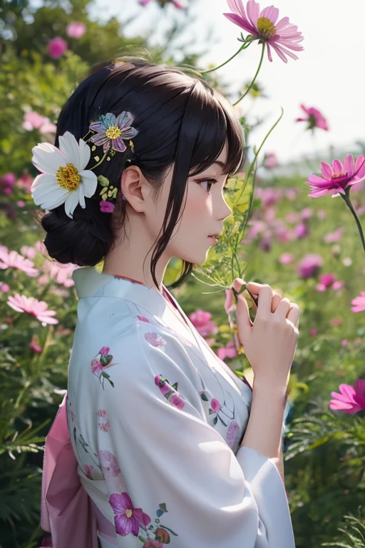 A background of pink cosmos in full bloom A white kimono with small floral patterns A cosmos hair ornament
