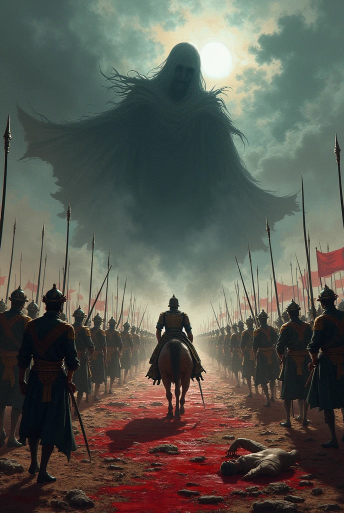 Illustrate the climactic battle of the Perang Paregreg, where two armies clash violently under a stormy sky. One side, led by the weak king Wikramawardhana, fights desperately against the forces of the ruthless Bhre Wirabhumi. The scene is chaotic, with blood-soaked earth and fallen warriors. In the shadows, a figure representing treachery within the Majapahit court looms over the battlefield, symbolizing the betrayal that will ultimately destroy the empire."