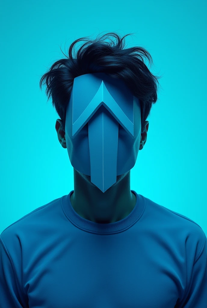 Man with black hair, blue sweatshirt and mask with arrow pointing upwards, mask covering the entire face and blue cartoon background