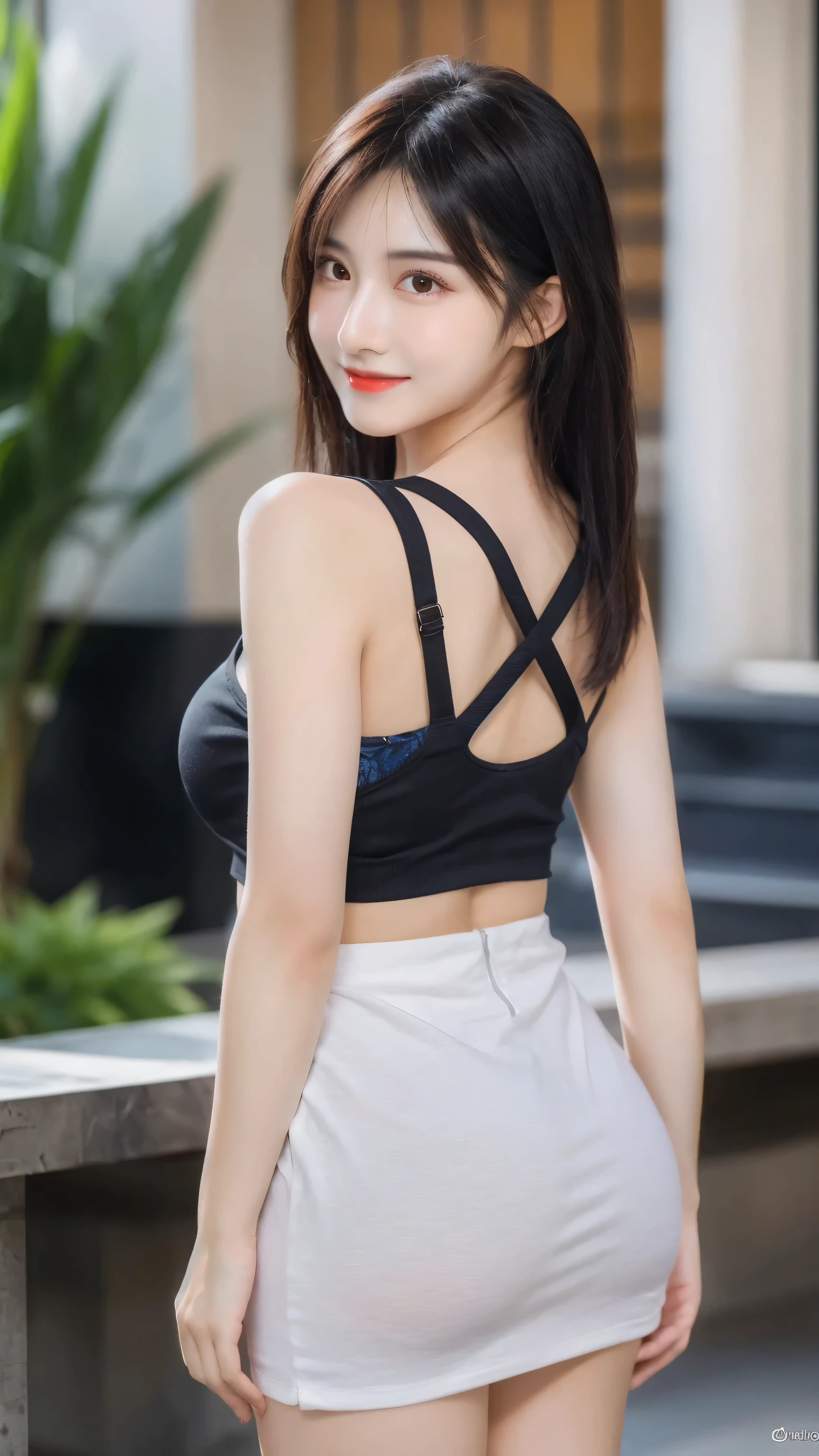 (8k, RAW Photo, Best Quality, Masterpiece:1.2), table top, Ultra Detail, Super Resolution, (Realistic, Realistic Photo:1.37), Portrait, High Detail RAW Color Photo, Professional Photo, Extremely Detailed and Beautiful, Extremely detailed, 8k wallpaper, amazing and detailed, huge file size, official art, highly detailed CG unity 8k wallpaper, highly detailed beautiful girl, highly detailed face, highly detailed eyes, highly detailed skin, highly detailed fingers, highly detailed nose, very detailed detailed mouth , perfect anatomy, highly detailed background, highly detailed clothes, 1girl, ,cute girl, realistic body, fair skin, glowing skin , slim body, handsome body, black hair , Semilong hair, (blunt bangs:1.2), smile, cute, youthful, cute face, realistic face, delicate eyes, drooping eyes, looking at viewer, (from behind), standing posture, Contraposto, dynamic lighting, (big breasts), (Perfect Body Proportions), (slender Body Proportions), see-through tank top, see-through mini skirt,