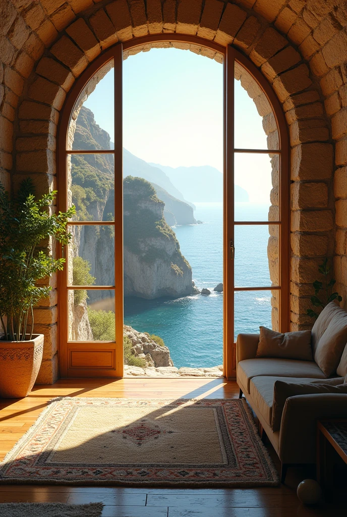 A wallpaper of an interior of a house on the rocks, is in the morning sun, the environments are bright and with plenty of shade