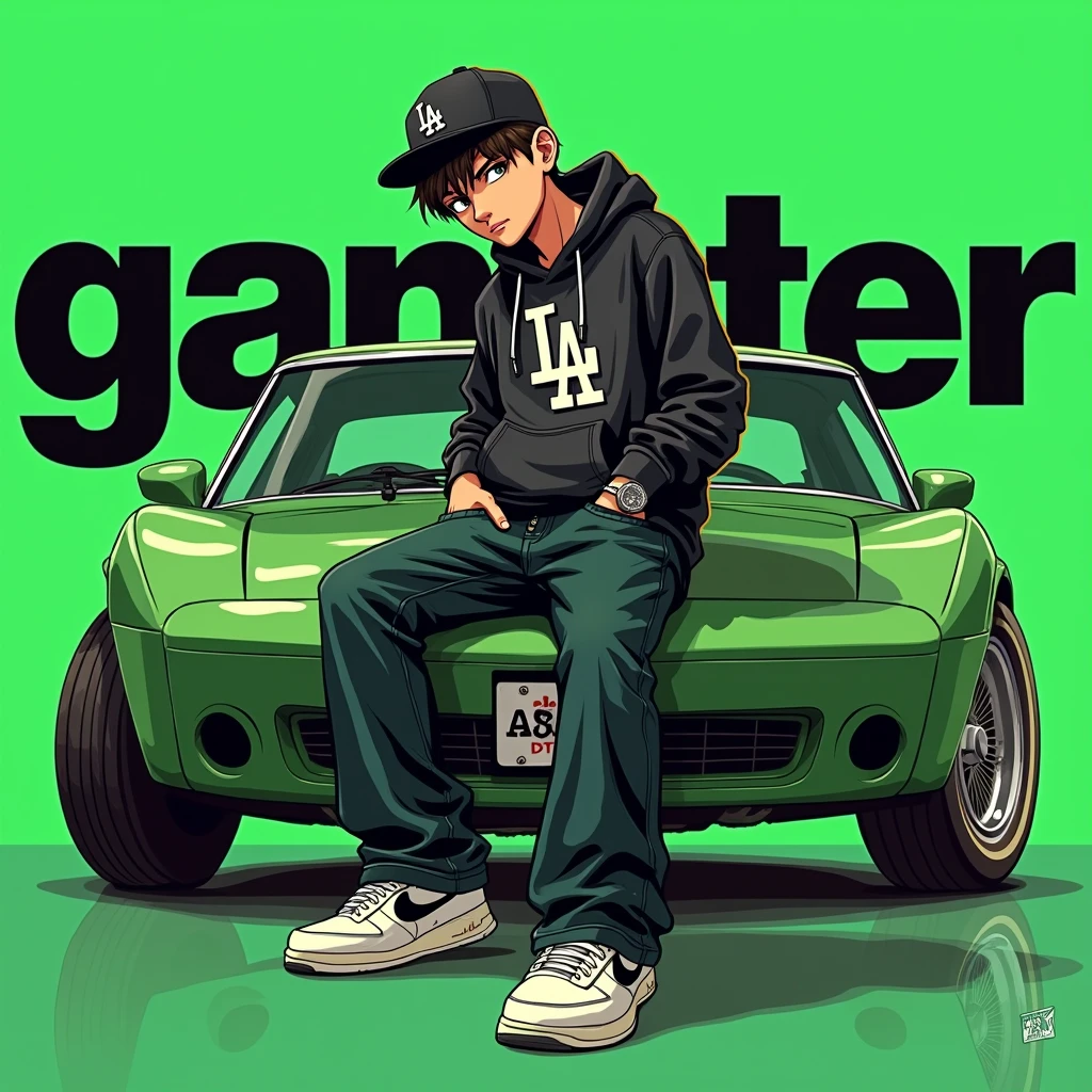 Image of a man sitting on the bonnet of a car, Yoshihiko Wada's album cover, winner of the behance contest, Doodle, official artwork, rap album cover, hip - hop album art cover, colored album art, hip hop music album cover, rap album cover art, official fanart, GTA Cover, hip hop album cover, album art cover, cartoon, G-FUNK Hip Hop album cover, green background, green car, with the words 'gangster' on the back of the picture, LA hoodie, an Asian tenager wearing a black LA ball cap with a deep press and a wide pair of jeans down, a troublemaker boysits on the bonnet of a car andlets, white Nike shoes
