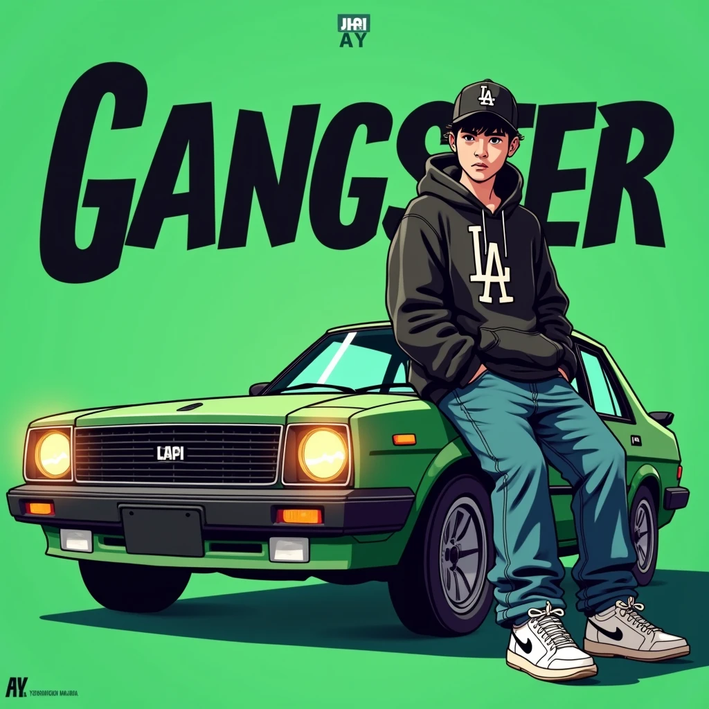 Image of a man sitting on the bonnet of a car, Yoshihiko Wada&#39;s album cover, winner of the behance contest, Doodle, official artwork, rap album cover, hip - hop album art cover, colored album art, hip hop music album cover, rap album cover art, official fanart, GTA Cover, hip hop album cover, album art cover, cartoon, G-FUNK Hip Hop album cover, green background, green car, with the words 'gangster' on the back of the picture, LA hoodie, an Asian tenager wearing a black LA ball cap with a deep press and a wide pair of jeans down, a troublemaker boysits on the bonnet of a car andlets, white Nike shoes