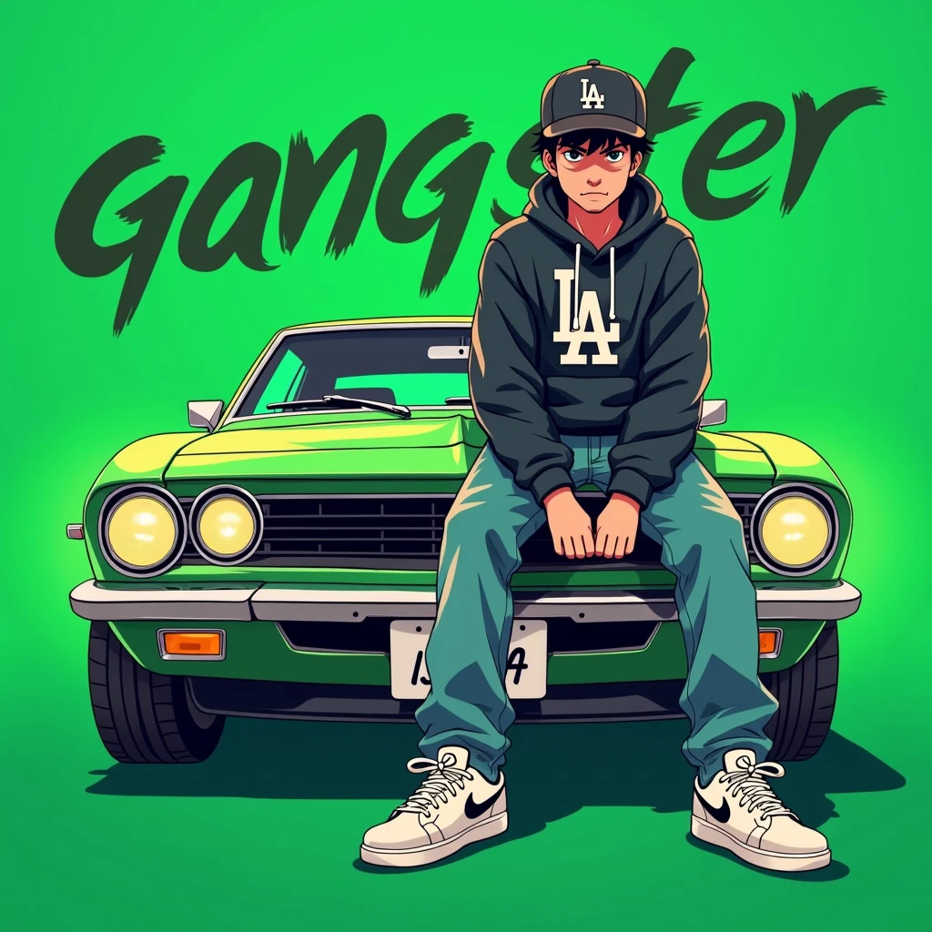 Image of a man sitting on the bonnet of a car, Yoshihiko Wada's album cover, winner of the behance contest, Doodle, official artwork, rap album cover, hip - hop album art cover, colored album art, hip hop music album cover, rap album cover art, official fanart, GTA Cover, hip hop album cover, album art cover, cartoon, G-FUNK Hip Hop album cover, green background, green car, with the words 'gangster' on the back of the picture, LA hoodie, an Asian tenager wearing a black LA ball cap with a deep press and a wide pair of jeans down, a troublemaker boysits on the bonnet of a car andlets, white Nike shoes