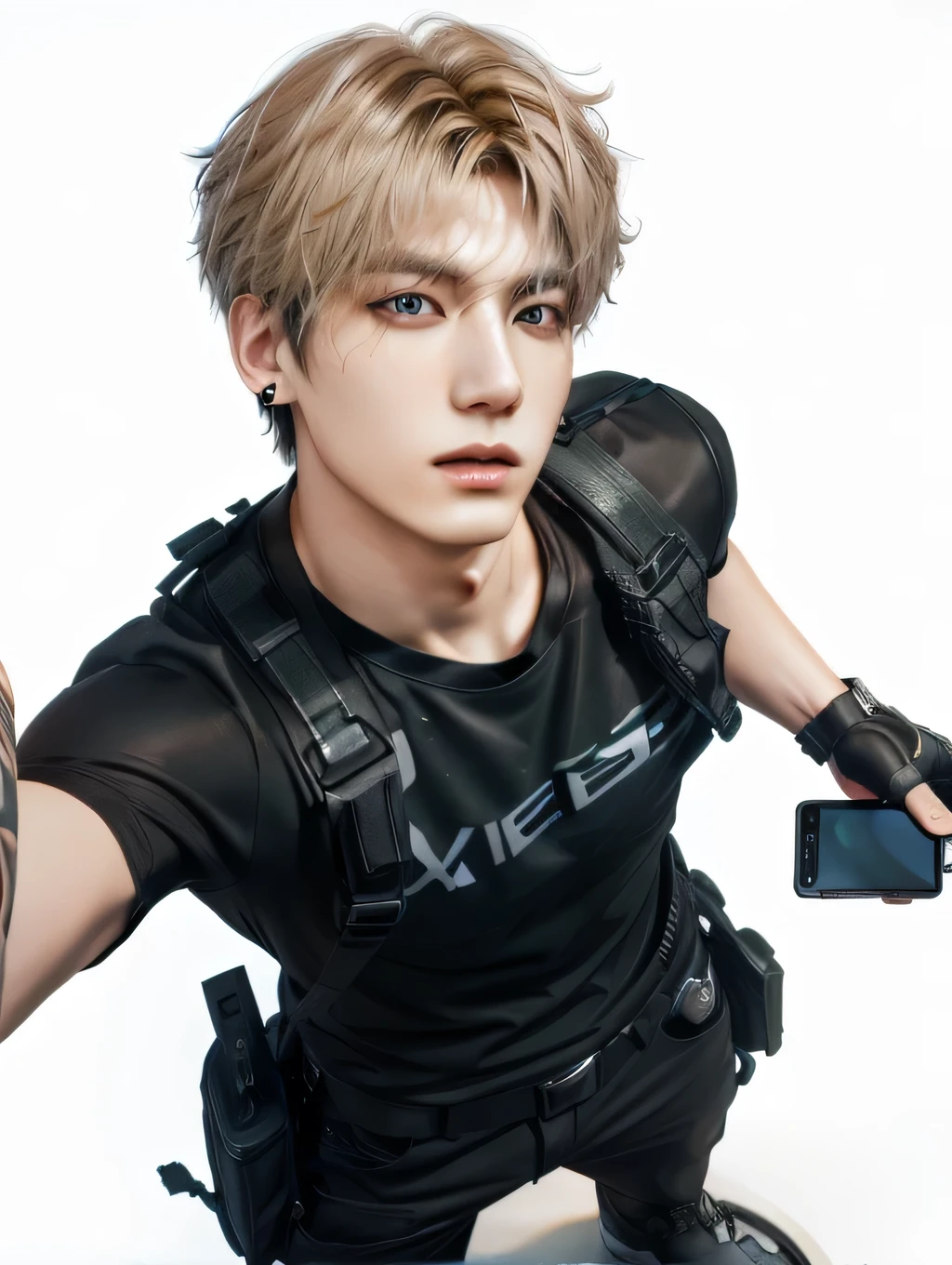 there is a man in a black shirt holding a cell phone, cai xukun, 3 d render of jerma 9 8 5, hyper real render, from ncsoft, jimin, 3d character realistic, 3 d render character art 8 k, 8k portrait render, jungkook, xqc, small character. unreal engine 5, john park, hyperrealistic n- 4