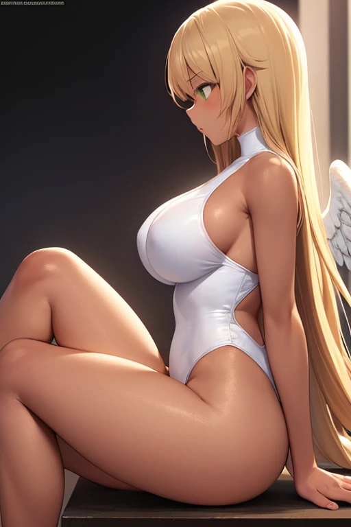 ((Best Quality)), ((masterpiece)), (detailed), 1 girl, with white leotard, long blond hair, green eyes,Angel wings, tanned skin, big breasts,sitting, crossed legs,((Whole body)), ((right side profile view))..