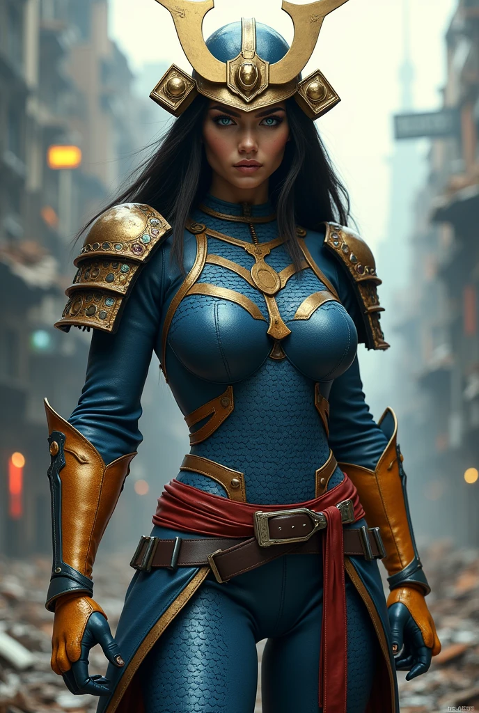(((In extreme close-up a beautiful woman under the cloak of Big Barda has long hair, black and almost always hidden by his samurai helmet. His eyes are light blue. Her superheroine costume is samurai themed.. His usual costume is a blue leather jumpsuit with scales and a gold armor top over his jumpsuit, thick red belt, burnt yellow boots and gloves on a large high-cylinder motorcycle in an apocalyptic city with a lot of destruction.))),(((Big Barda logos on the motorcycle))),(((side view images)))