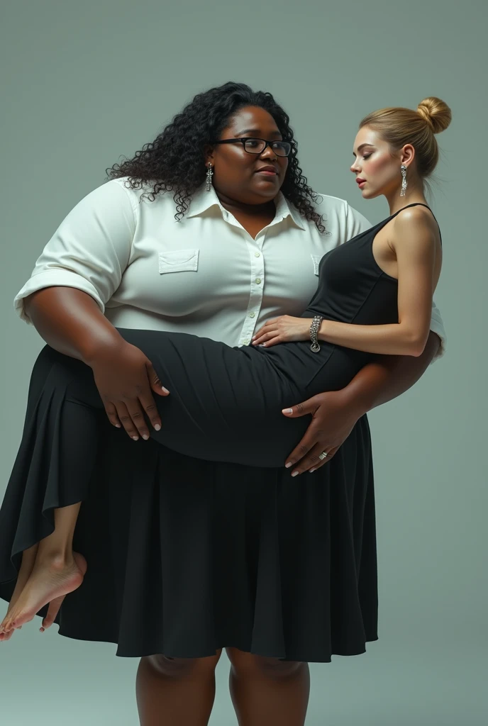 Create a photo of a 20 year old woman, obese, with black and dark skin, wearing a white shirt and black skirt and glasses, which has a single young woman of 25 years of age being carried in the air in his arms, that has light white skin, long blonde hair tied in a bun, slim body, who is wearing a black evening dress, earrings and bracelet 