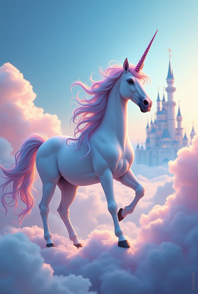 Create an image of a unicorn with colorful hair walking on clouds and a castle in the background