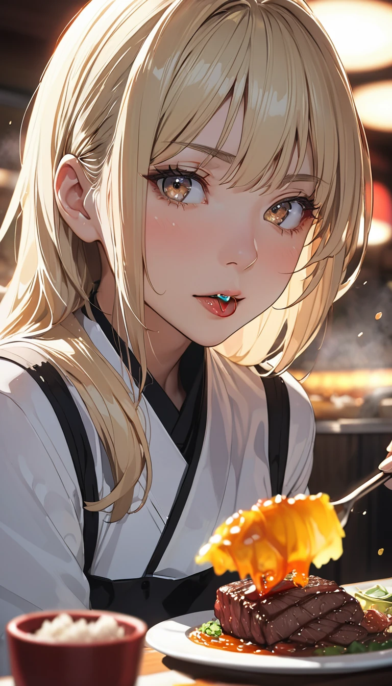 High resolution, masterpiece, accurate, Winner of numerous awards, Highest quality, One person, solo, Shortcuts, bangs, Blonde, Close-up, Cut-in, Backlight, Concentrated line, anime, anime風, Yakiniku restaurant、Serving salted tongue to customers