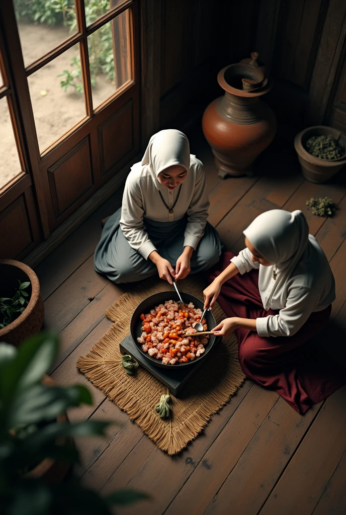 a malay hijab beauty girl wear a shabby shirt and a batik sarong, sitting down on a wooden floor in a wooden kitchen, cutting a vegetable and a meat with her friend, old kettle on stove, a meal in a wok clay stove, old urn, aerial top angle, at night