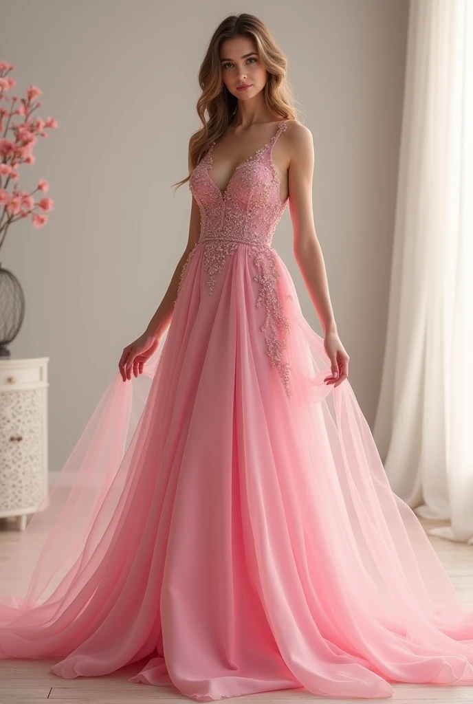 araffe woman in a pink dress posing for a picture, dressed in a pink dress, pink dress, wearing a pink dress, sexy dress, sexy gown, opened dress, long dress, low cut dress, cindy avelino, wearing a long dress, in a dress, wearing an elegant dress, wearing long gown, flowing dress, wearing pink floral gown