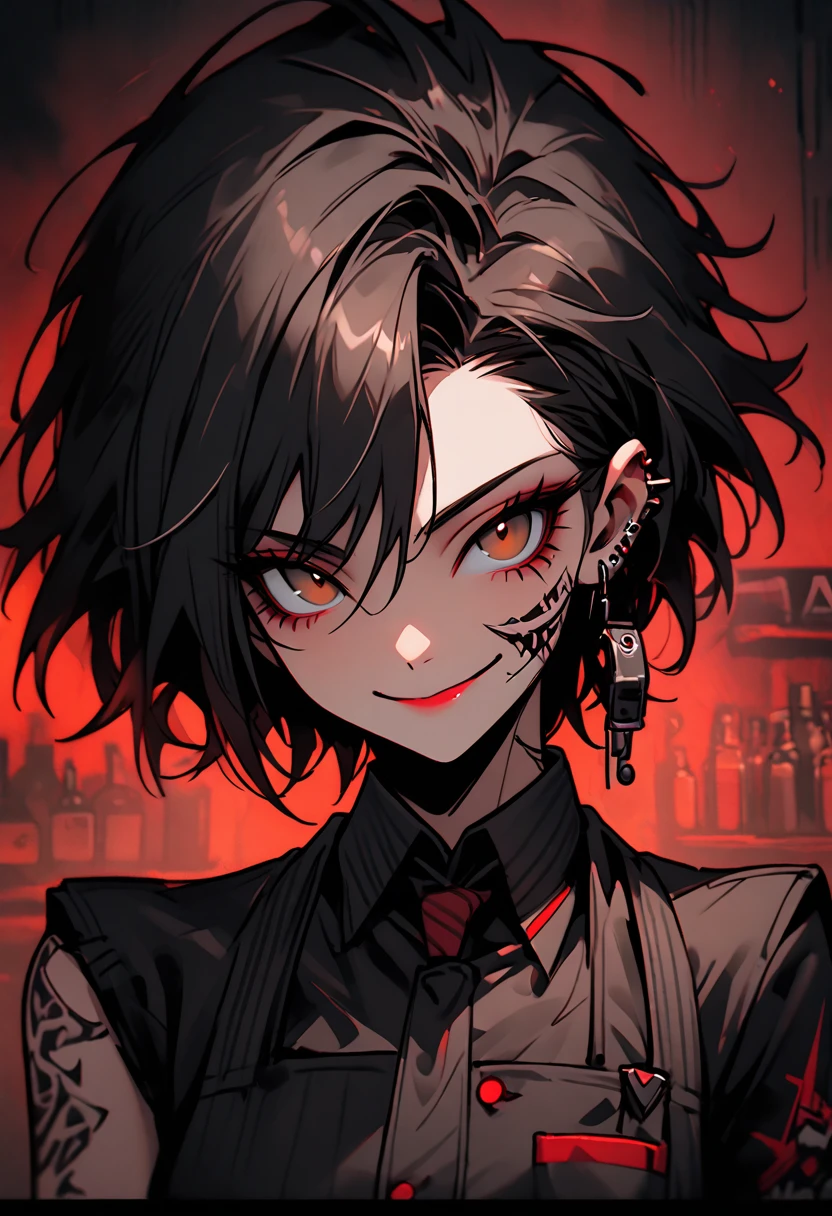 solo, female, dark, one cybernetic arm, gruff, bartender, low lights, short hair, rough, punk aesthetic, black hair, brown eyes, smile, close up