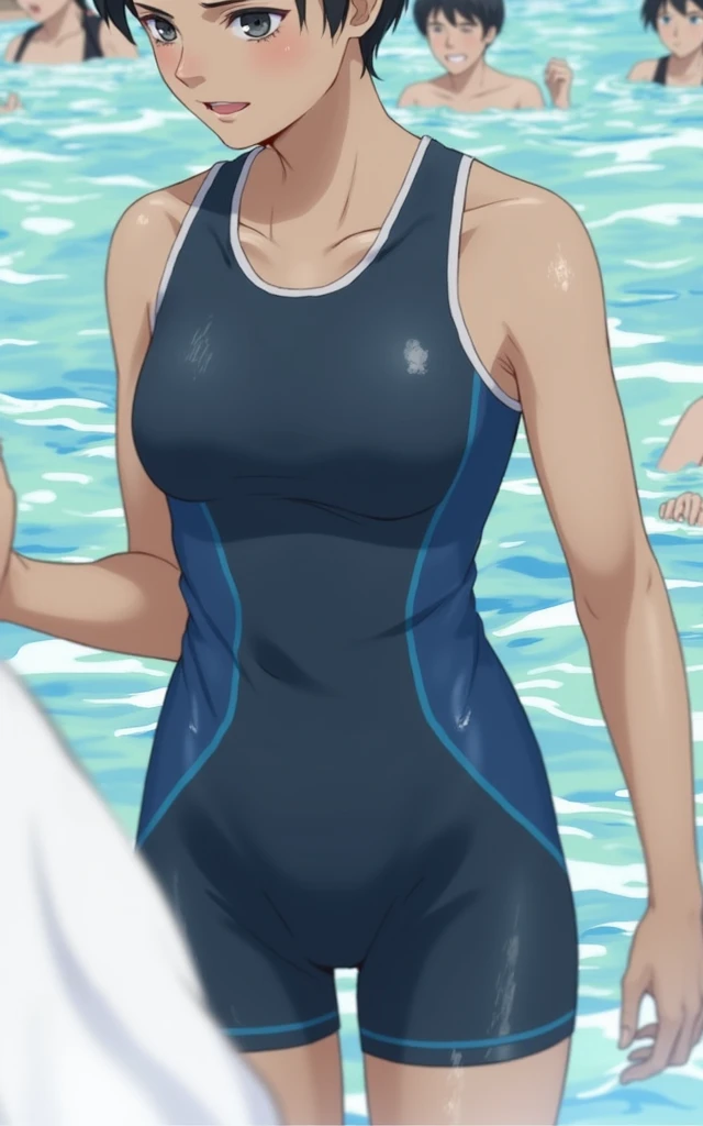 Middle school students,Black Hair,Navy blue school swimsuit and leggings,Sweat,Small breasts,Low length,Pool