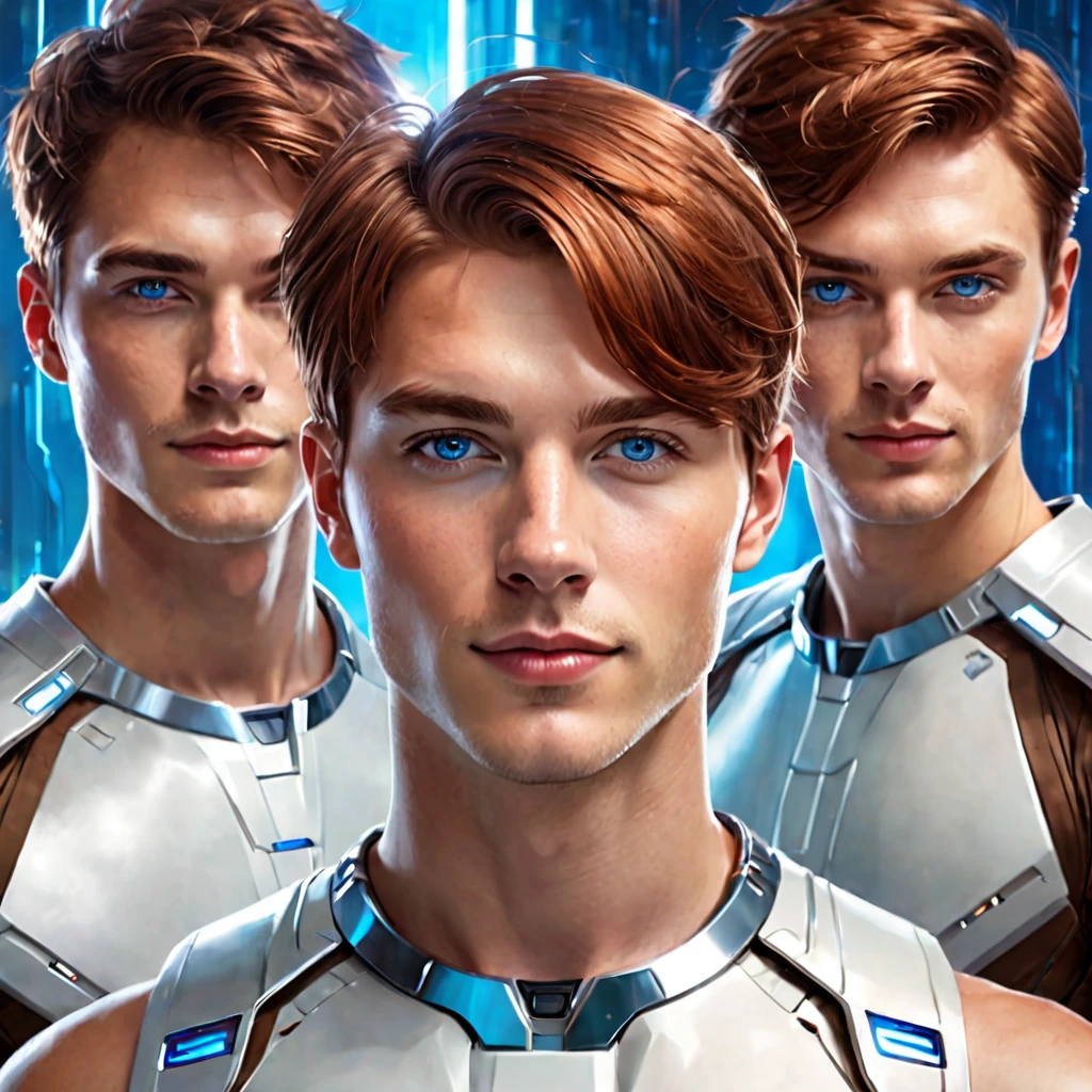 Semi realistic illustration portrait of 3 man, handsome, white short copper brown hair, Blue-eyed. rectangular face, fine and soft facial features, lips a little thick, charming smile and challenging look. Futuristic sci-fi background. 