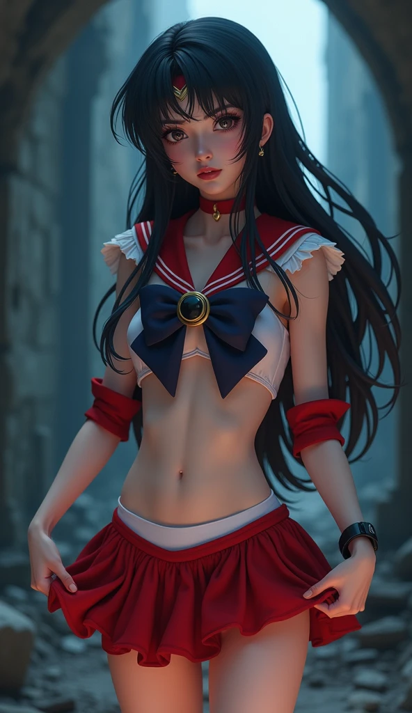 Sailor mars photorealistic, high quality, (RAW photo, best quality), (realistic, photorealistic: 1.4), (extremely delicate and beautiful: 1.4), amazing, fine details, masterpiece, ultra detailed, high resolution, best illustration, best shadow, intricate, ( extremely intricate: 1.2), (exquisitely detailed skin), cinematic light, perfect anatomy, (cool color: 1.4), sharp focus, 8k UHD, DSLR, (Fujifilm XT3),,(Fondo de ruinas de mazmorra en ruinas:1.4 ), (Sailor mars:1.4), (Sailor mars V2.1), (pose americano :1.4), (iluminación cinematográfica :1.4), (skirt lifted by itself: 1.1), (skirt lift: 1.3), (showing white panties: 1.3)