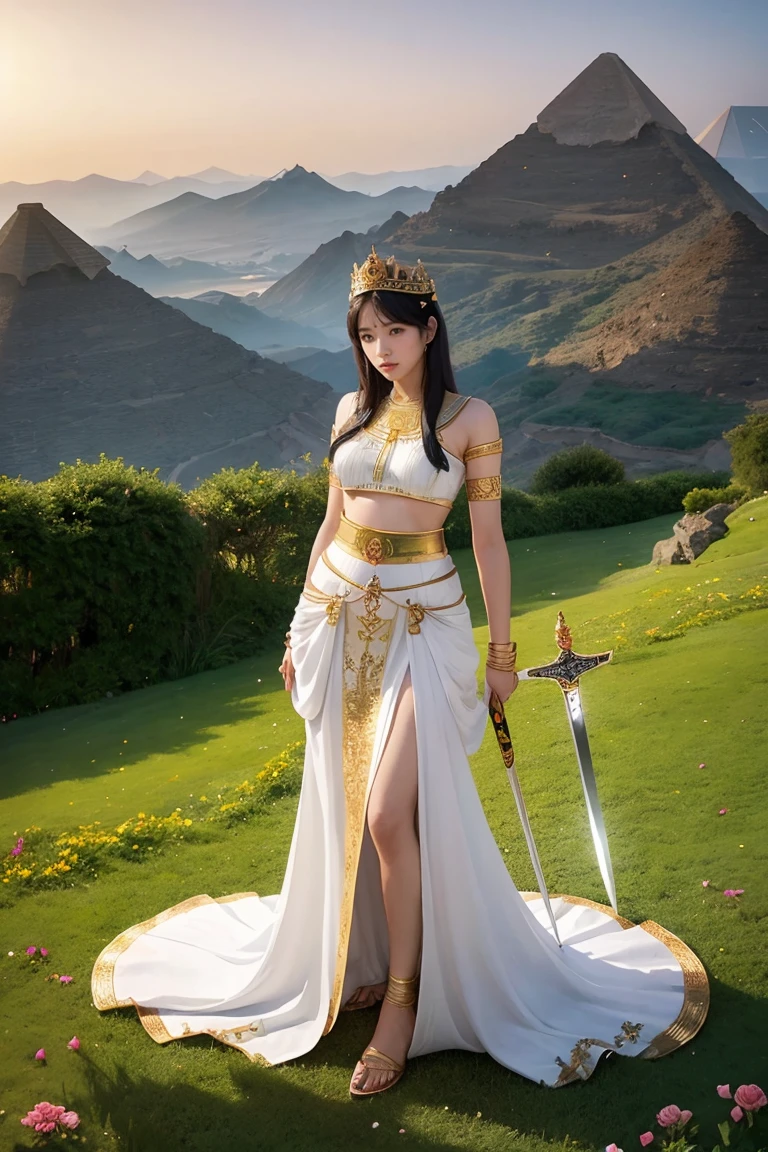 goddess, Egypt, Beautiful woman, Stand sideways., ((Bend a little.)), White clothes, The crown is made of flowers., The belt is made of roses., golden sky, Blue Mountains, Green Grass、With a sword and shield