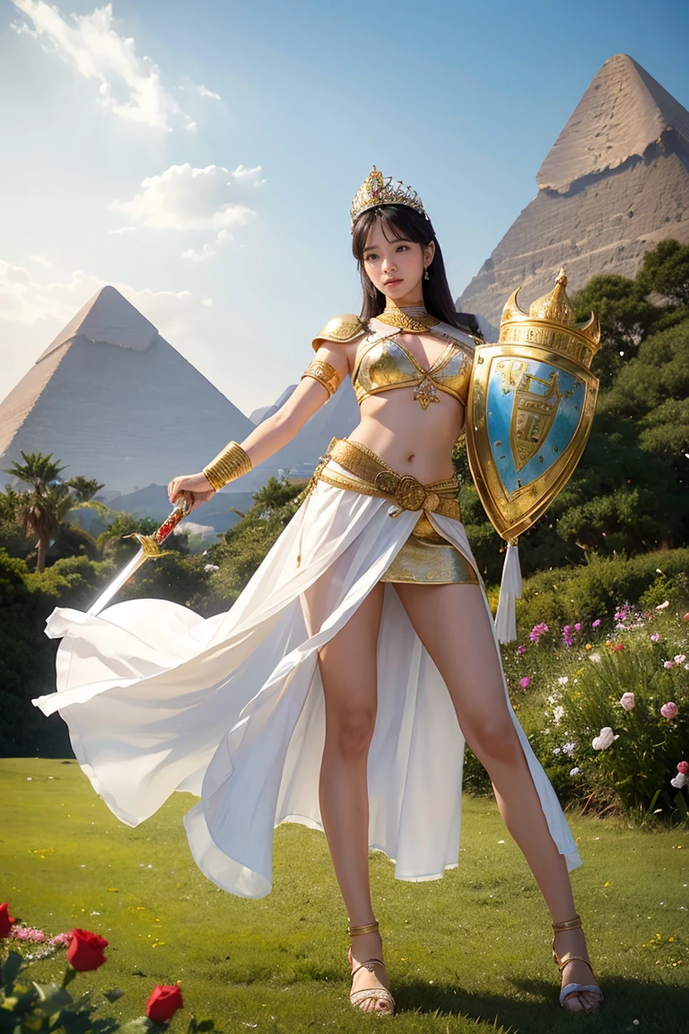 goddess, Egypt, Beautiful woman, Stand sideways., ((Bend a little.)), White clothes, The crown is made of flowers., The belt is made of roses., golden sky, Blue Mountains, Green Grass、With a sword and shield