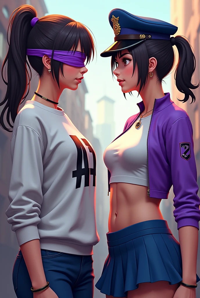 Two female characters in the style of Free Fire with tied hair and a purple blindfold on their eyes, a white long-sleeved top and a gangster sweatshirt and the other character with two tails with a police hat, a white and purple top with long sleeves, a blue school skirt and